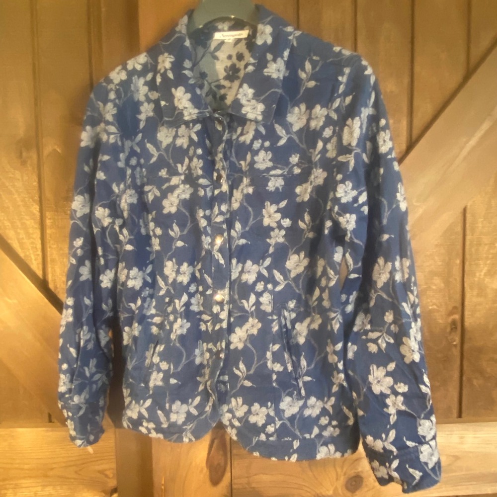 Serengeti Floral Denim Style Jacket Womens Medium Blue Excellent Snap Front